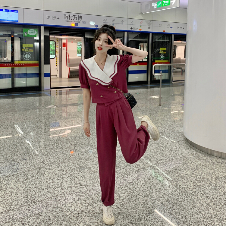 [Yingying new clothes] French double-layer Lapel button blouse + comfortable trousers two-piece suit 7550# Cl