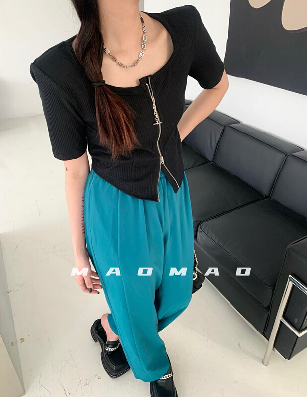 [Maomao] personalized zipper back letter printed short sleeve T-shirt 721# WTT