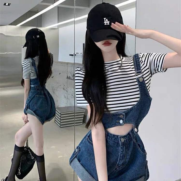 [HH] Korean versatile Spice Girl Denim Vest + striped short sleeved T-shirt + Denim Shorts Set 8263# LSL