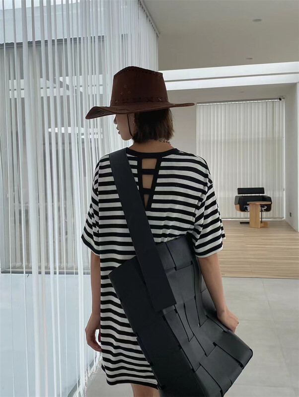 [black + white] Korean stripe Casual Short Sleeve Dress 0875# lwy