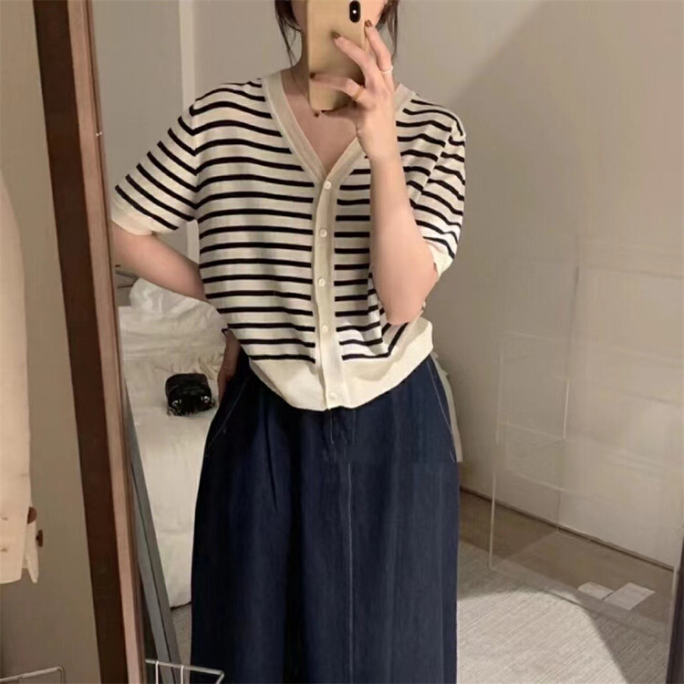 [sway] V-neck stripe comfortable knitted cardigan 2234# ll