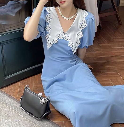 [Moco Moco] fashion color blocking waist closing dress 801-1# PCZ