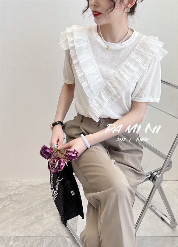 New in early summer! [pamini] ear side Pleated Chiffon sweater 2297# HJC