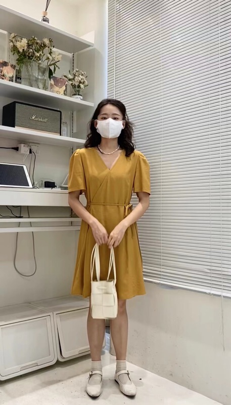 [c.hfeiyang] temperament V-neck lace up bubble sleeve dress 6795# HBx