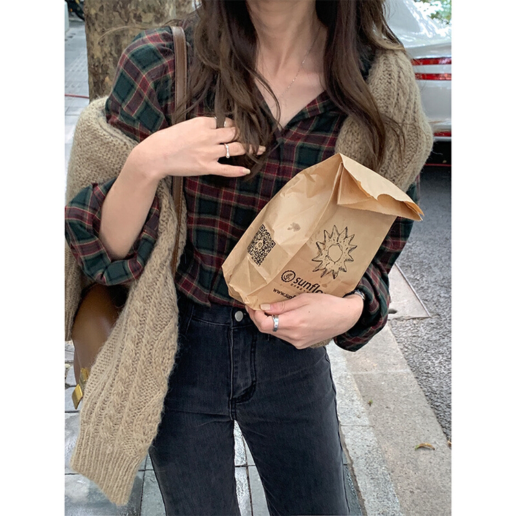New year in early spring! [Gangan] frosted pleated plaid design sense of minority loose and versatile shirt 8422# ll