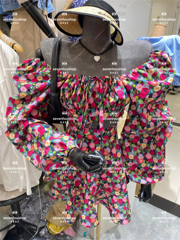 [sevenforershop] square neck short floral long sleeved blouse + A-line skirt set 67990# ozq