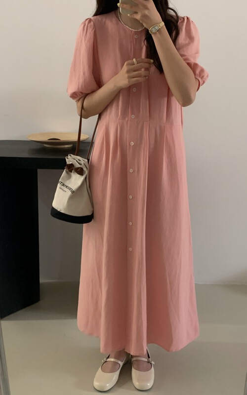 goods in stock! New in early summer! [wanna] Korean breasted round neck dress 89052# cqw