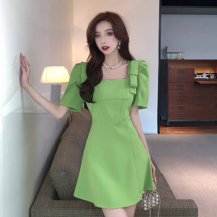 New in early summer! [Yingying new clothes] square neck bow, small man, waist closed, short sleeve, bubble sleeve dress 7209# Cl