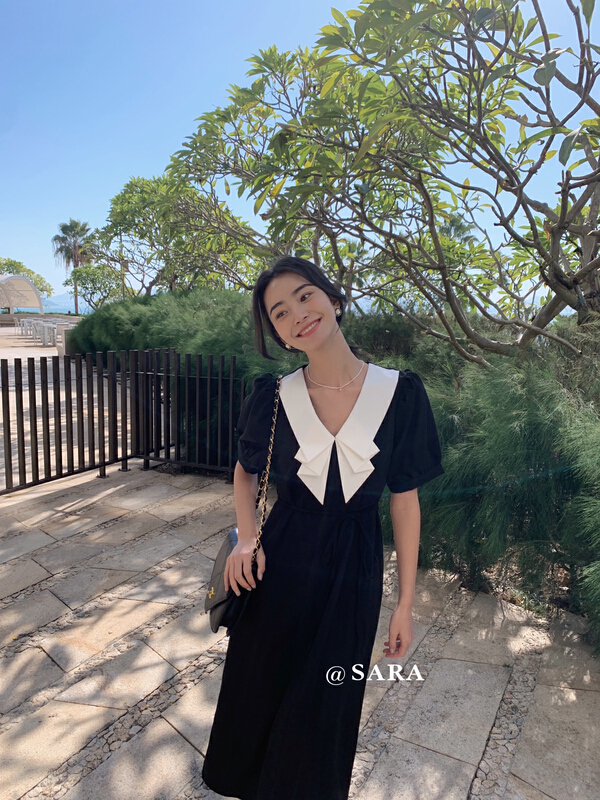 goods in stock! Early spring! [Sara] fashion contrast color double fold collar dress (with waist rope) 16816# lwy