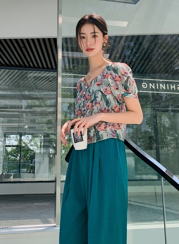 New in early summer! [Hanna Hanna] French retro printed bubble shirt m8171# XJ