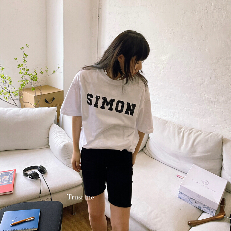 [trust me] fashion round neck loose Sequin letter short sleeve T-shirt 68300# ozq