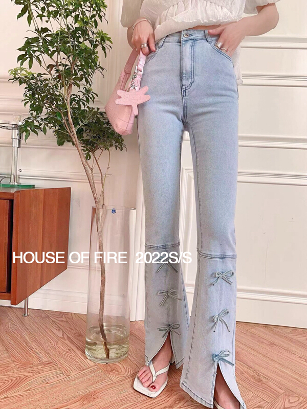 [huohuohuo huodres] design sense slit bow micro pull high waist jeans j92005# ozq