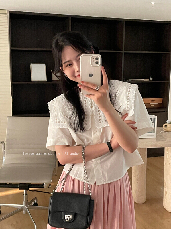 [AF] French hollowed out large lapel shirt 3377# XYY
