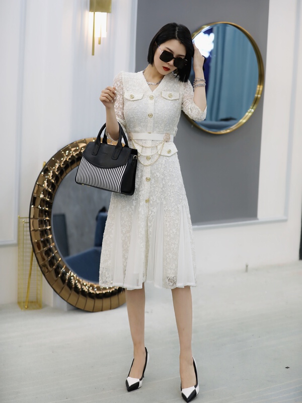 [Si Xuan] goddess temperament lace gold edged diamond design dress (with waist rope) 211042-1# JJ