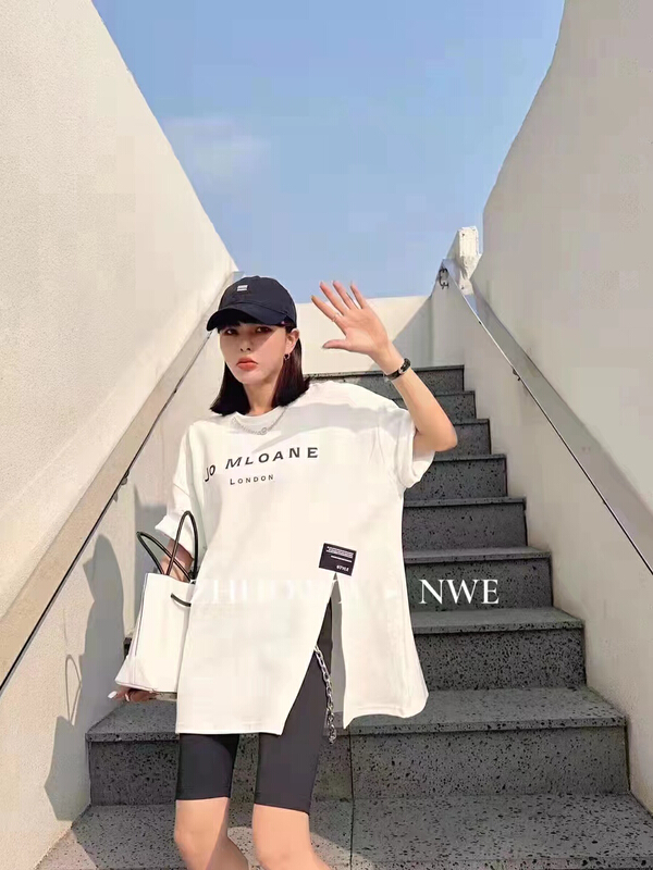[top] personalized letter label slit short sleeve T-shirt (chain cannot be removed) ys1-a308# ZSY