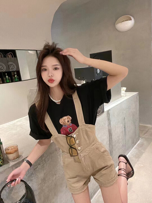 [mi ni] bear print T-shirt + simple Korean suspender set 1094# PCZ