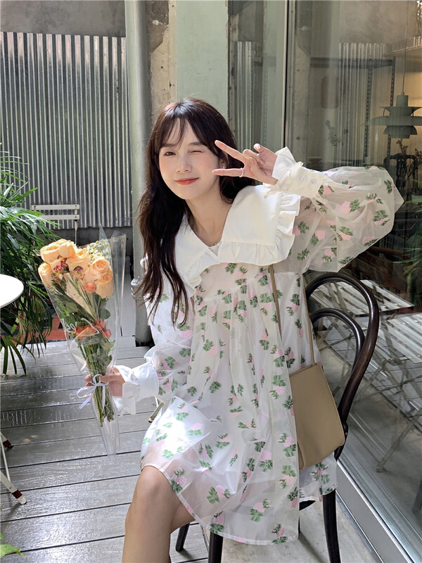 [timely rain] Han Feng ins sweet temperament fairy romantic craft jacquard doll collar dress 5475# jhy