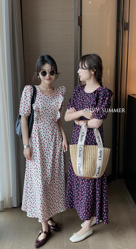 [Ivy] Vintage elegant floral waist dress 88199# XJ