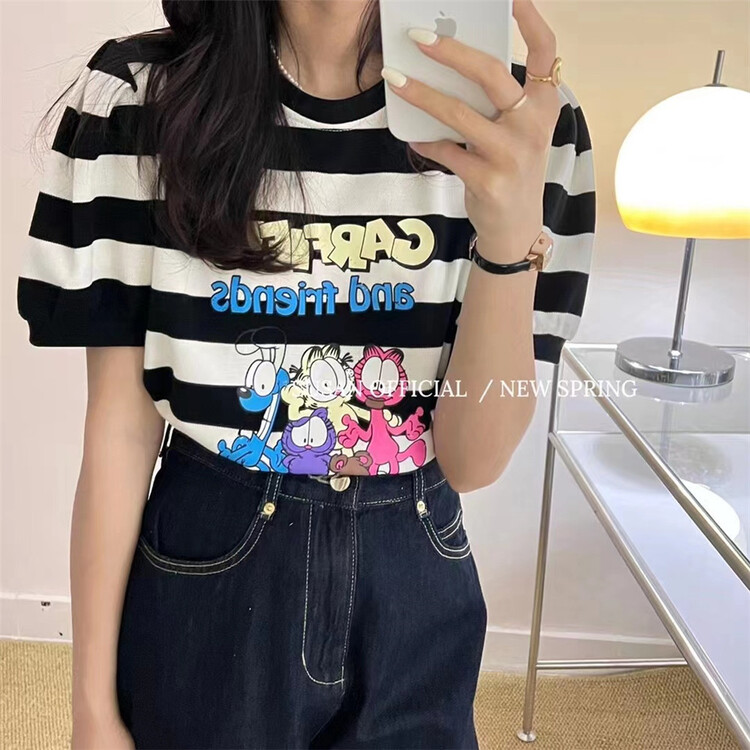 [Susan] stripe cartoon print short sleeve T-shirt 18206# LSW