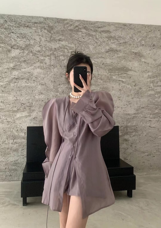 [3.three point] Korean foam sleeve medium length shirt + casual shorts two piece suit 7179\cqw
