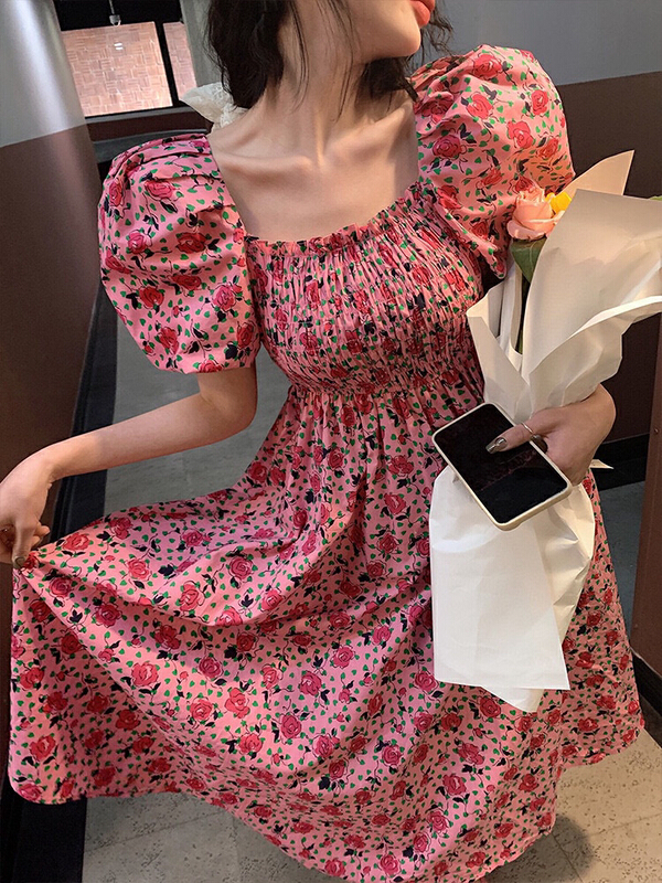 New in early summer! [wgwe] square neck bubble sleeve floral dress 1540# PCZ