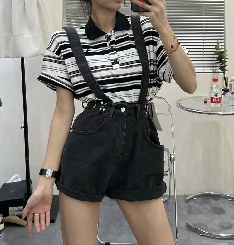 [JH] net red stripe short sleeve + wash water cowboy suspender suit (suit only) 41718# PCZ