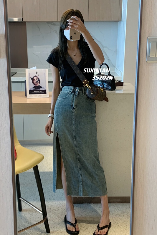 Summer new! [suxinlan] Korean fashion hot girl split versatile skirt 35202-nostalgic-35202-1 light blue # LSL