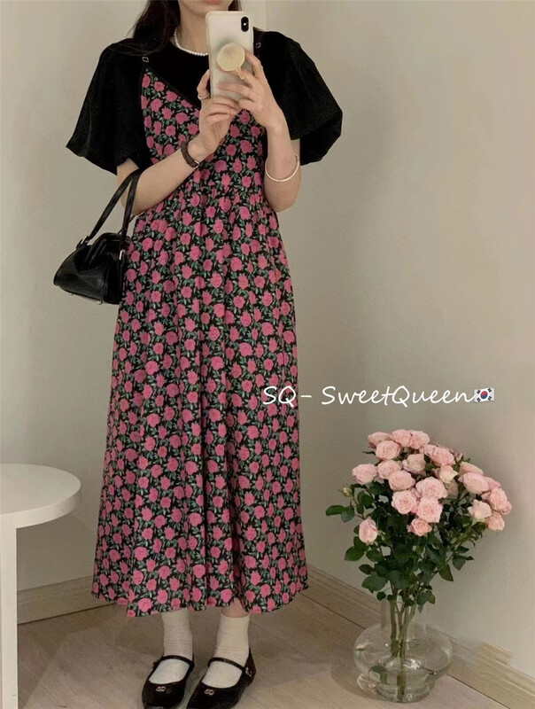 [sq] Korean round neck net color short sleeve T-shirt + suspender floral dress set 3369# zxx