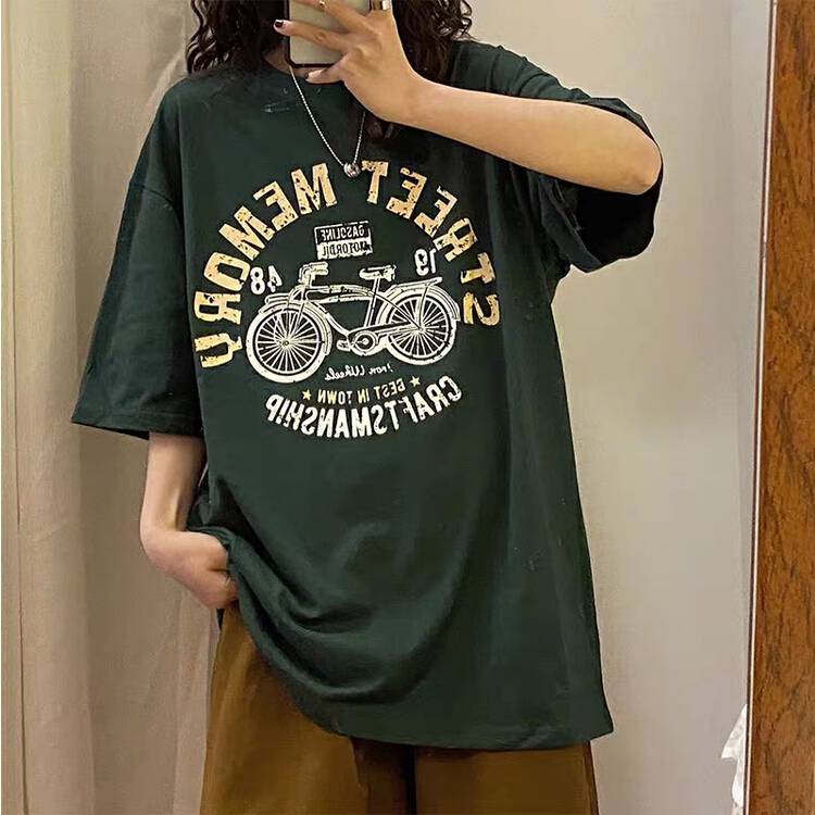 "LAB EEDA" American retro bicycle letter printing academic style Joker crew neck short sleeve T-shirt 3038# OZQ