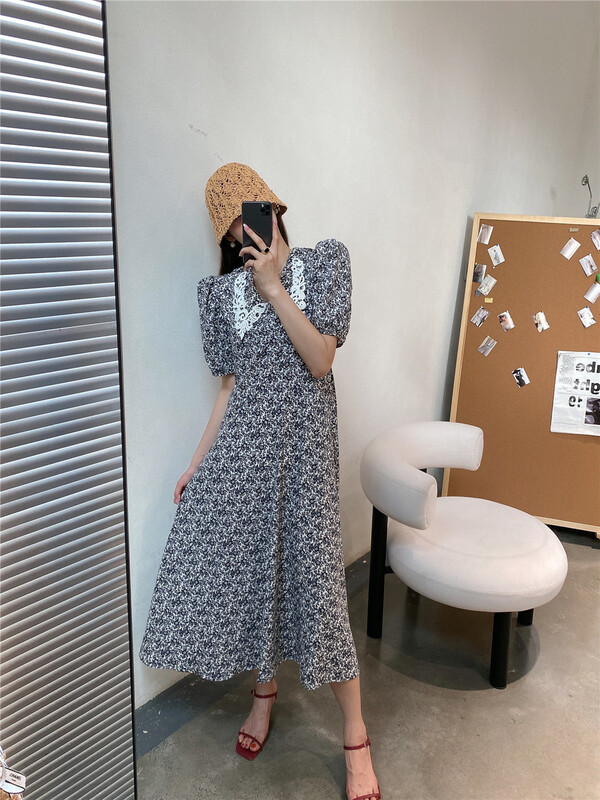 [modern 197] floral short sleeve vintage dress 7011# hyy