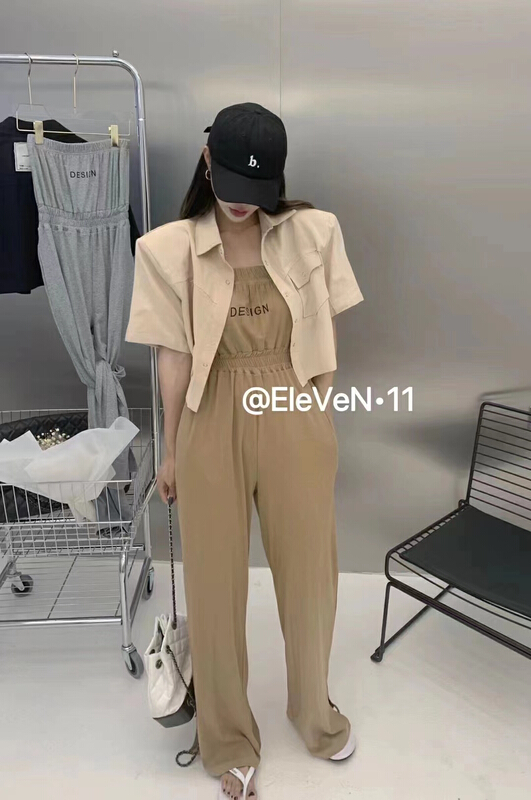 [et] temperament off shoulder sexy slit high waist letter chest wrapped Jumpsuit + short sleeve loose shoulder pad short coat set 7005# PCZ