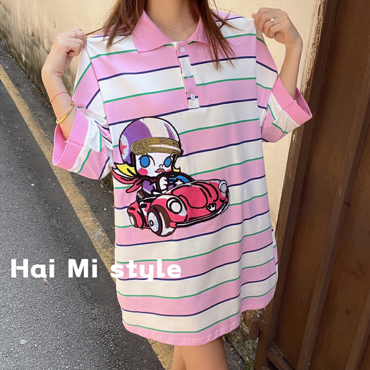 New in early summer! [Haimi] fashion pasted cloth hand embroidered loose Stripe Polo Shirt 1801# WTT