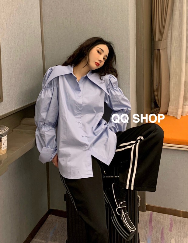 goods in stock! New year in early spring! [QQ shop] Korean fashion bubble sleeve pointed collar shirt 88007# ozq