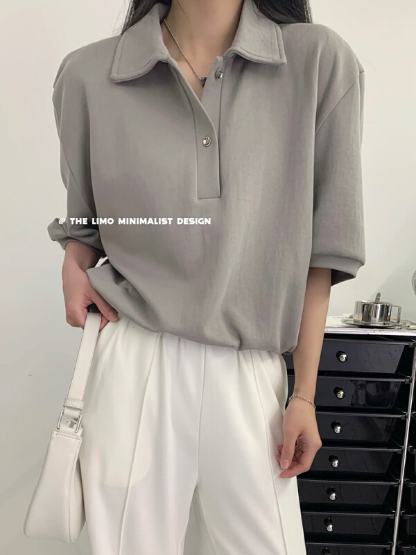 New in early summer! [the limo] simple Polo neck loose drawstring short sleeve T-shirt 6689# XYJ