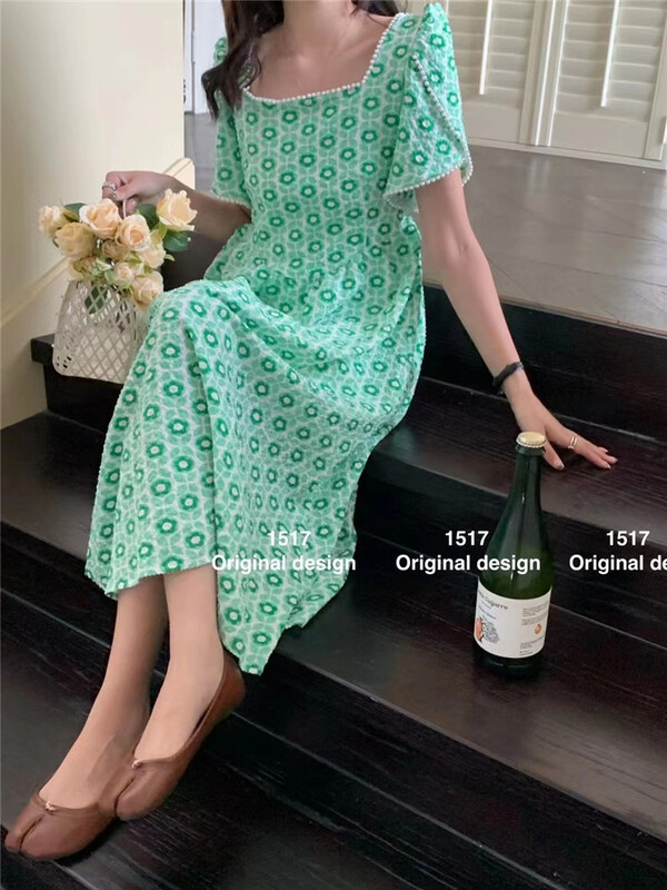 goods in stock! New in early summer! [1517] heavy industry nail bead printing bubble sleeve dress 6032# HBx