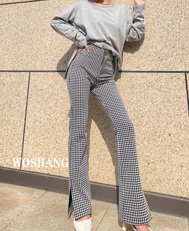 New year in early spring! [woshang woshang] Korean version of high waist thousand bird check slit floor mop casual pants 1129# XYJ