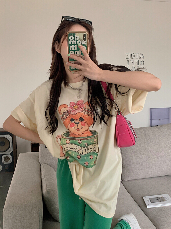 [timely rain] Korean style ins design sense age reducing cartoon loose print short sleeve T-shirt (excluding matching) 0145# WPL