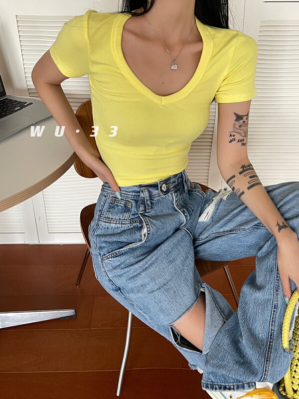 [Wu. 33] V-neck fashion Korean Short Sleeve T-shirt 22255# WTT