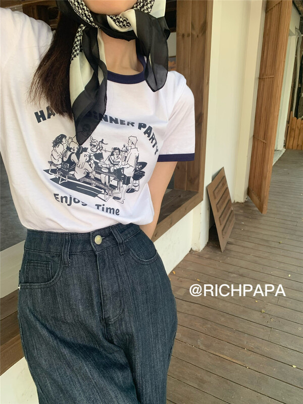 初夏上新!【RICH PAPA】韓系復古撞色邊印花短袖T恤  T232#  ZXX