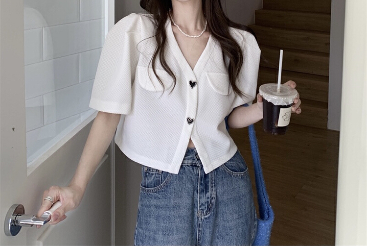 [dolly] V-neck bubble sleeve single breasted blouse 1207# LSW