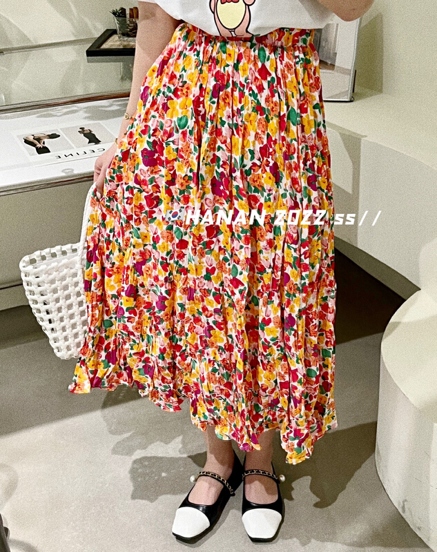 goods in stock! [Hanan] Korean casual floral pleated skirt 6928# LSL