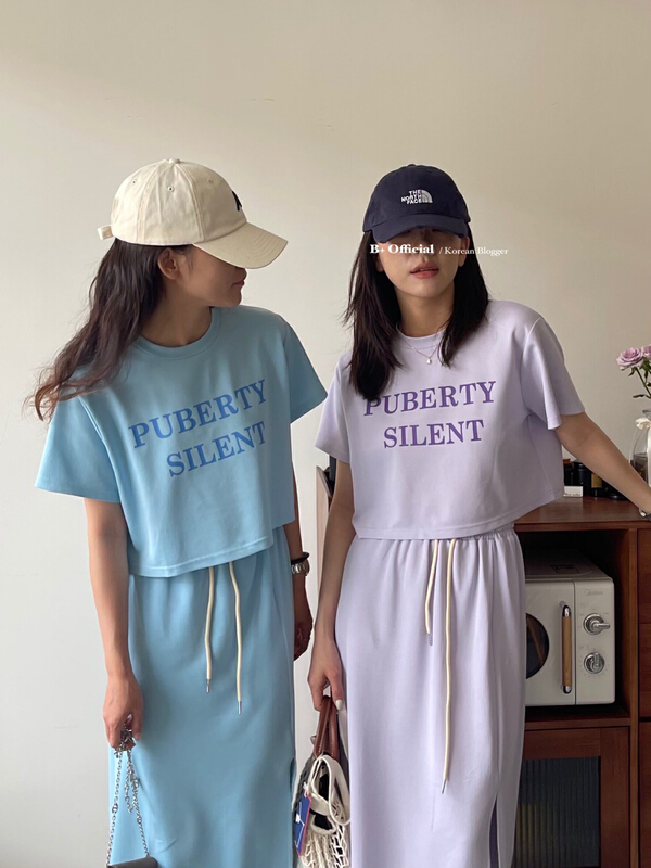 goods in stock! New in early summer! [B plus] ins letter short sleeve T-shirt + elastic waist slim skirt set 22-9218-2# HBx