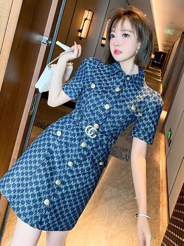 [Kiki studio] wash Denim Short Sleeve temperament dress (with belt) 5838# hjy