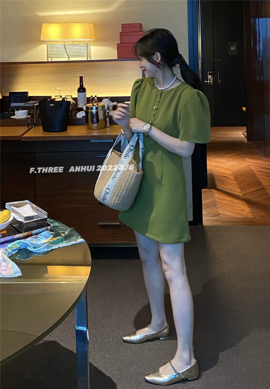 New in early summer! [f.three] Korean bubble sleeve button dress 95152# XJ