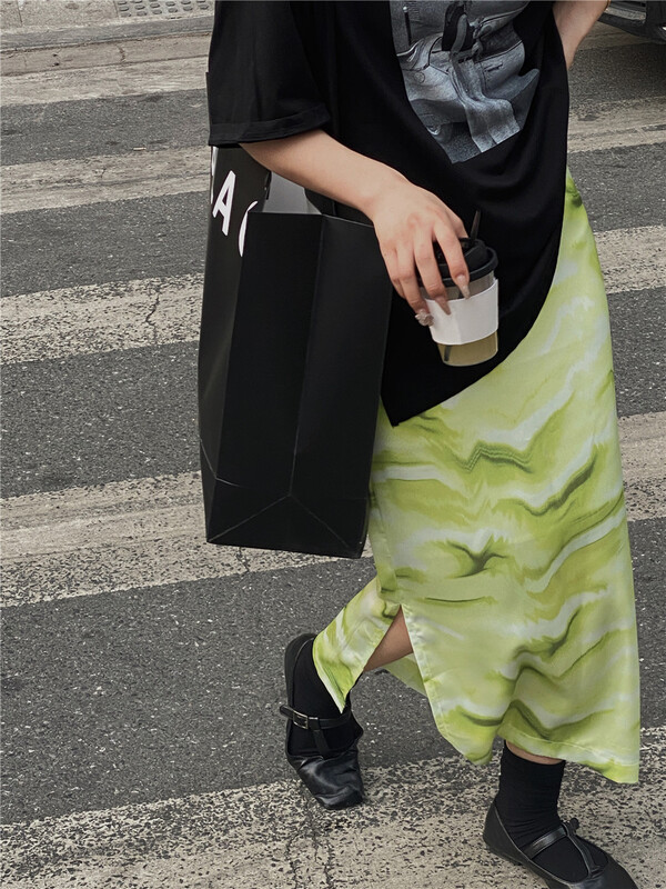 [semi plain] temperament printing slim fitting mulberry silk skirt v353# ZSY