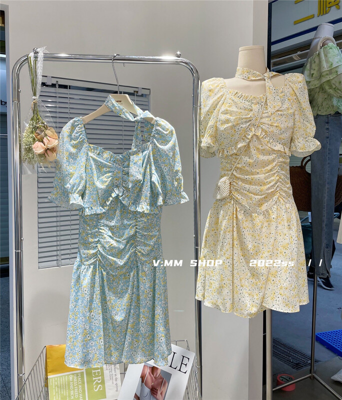 [V: mm] lady floral bubble sleeve dress (without bag / tie) ys1-ys1-2852# CLS