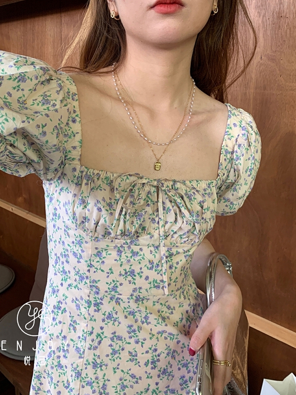 [enjoy · Yueji] Korean floral bubble sleeve medium length dress 8868-1# PCZ
