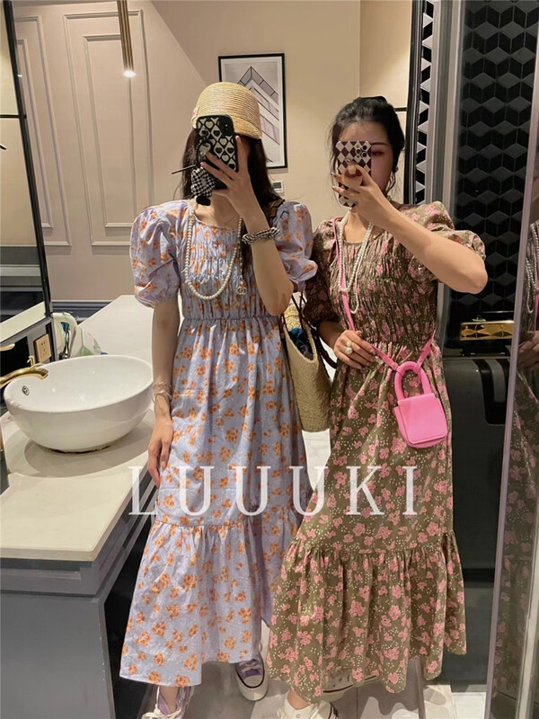 [luuki] round neck bubble sleeve Floral Vintage Dress (dress only) 25051# ozq