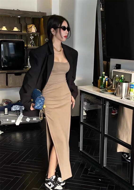 [Hb] Korean style slim long suspender dress 8210# PCZ