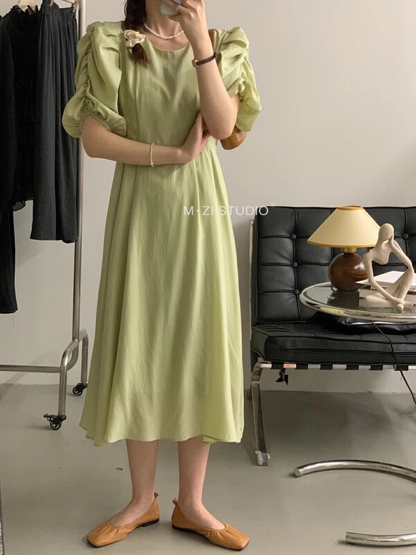 [m.zi studio] Korean style waist closing bubble sleeve dress 6955# HBx